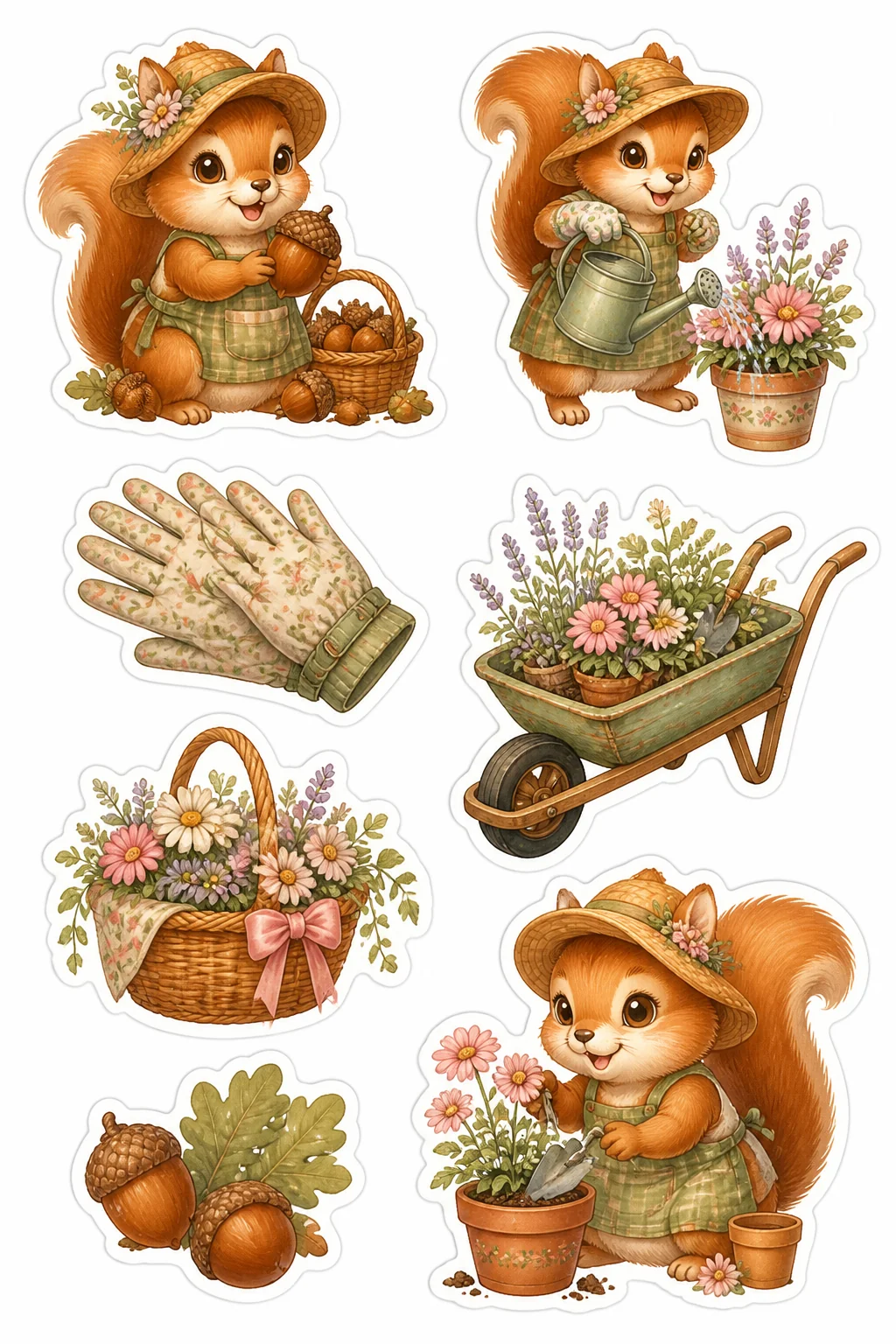 Printable woodland tea party sticker sheet with squirrel garden cottagecore stickers