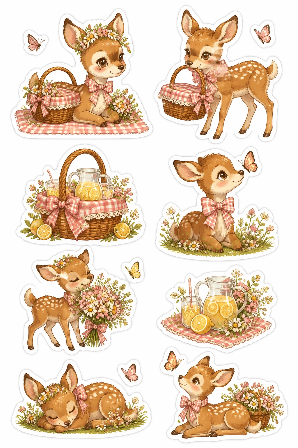 Printable woodland tea party sticker sheet with fawn picnic cottagecore stickers