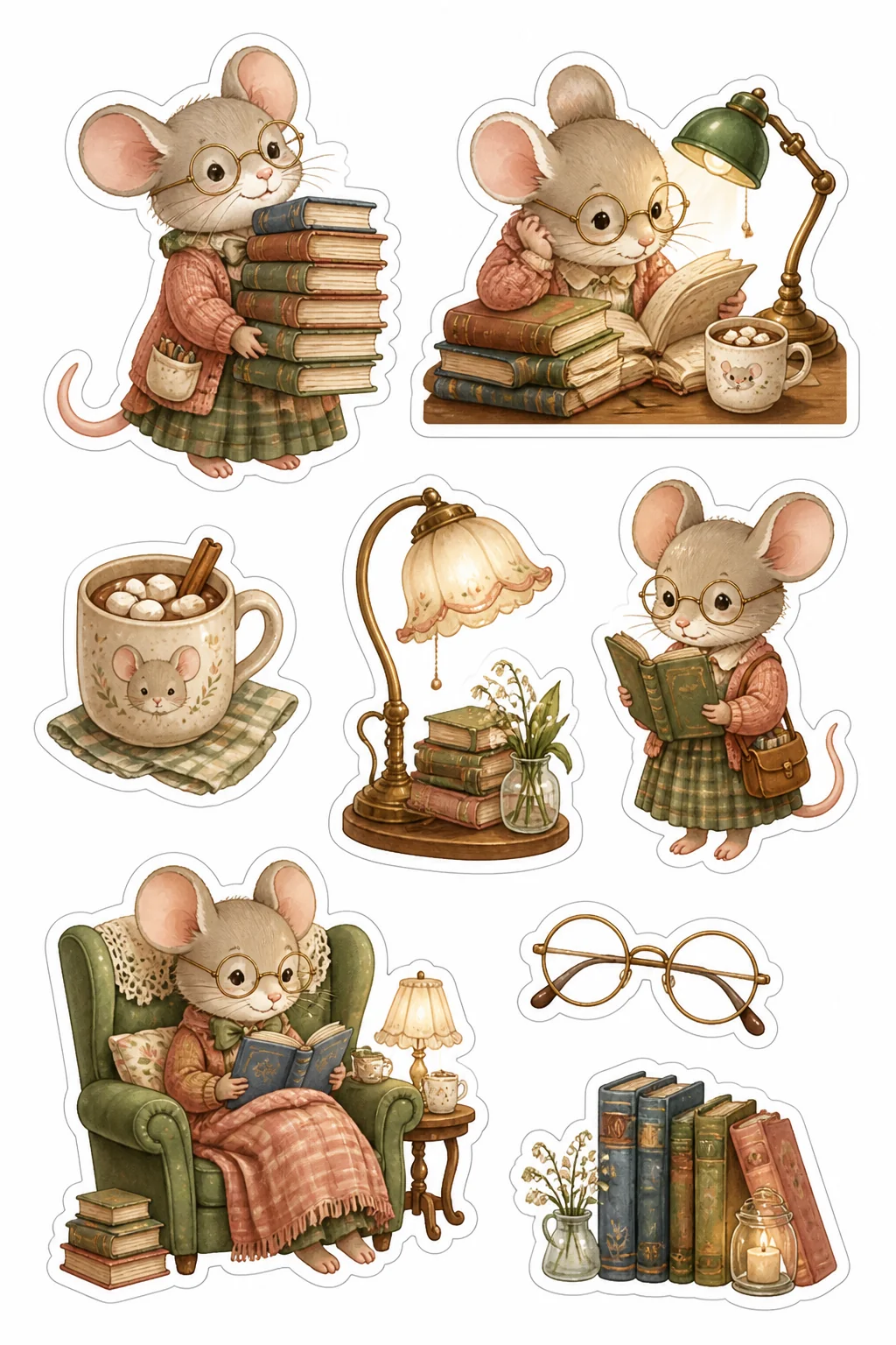 Printable woodland tea party sticker sheet with mouse reading nook cottagecore stickers