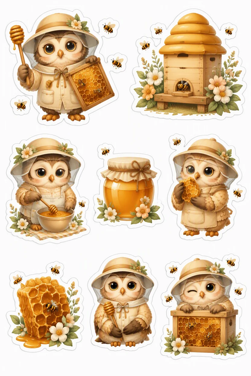Printable woodland tea party sticker sheet with owl beekeeper cottagecore stickers