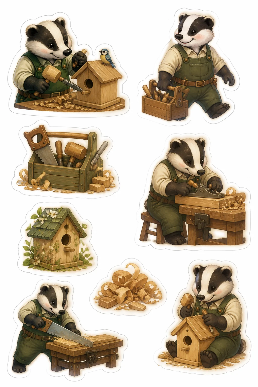 Printable woodland tea party sticker sheet with badger woodshop cottagecore stickers