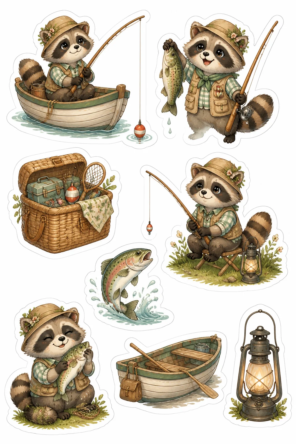 Printable woodland tea party sticker sheet with raccoon fishing cottagecore stickers