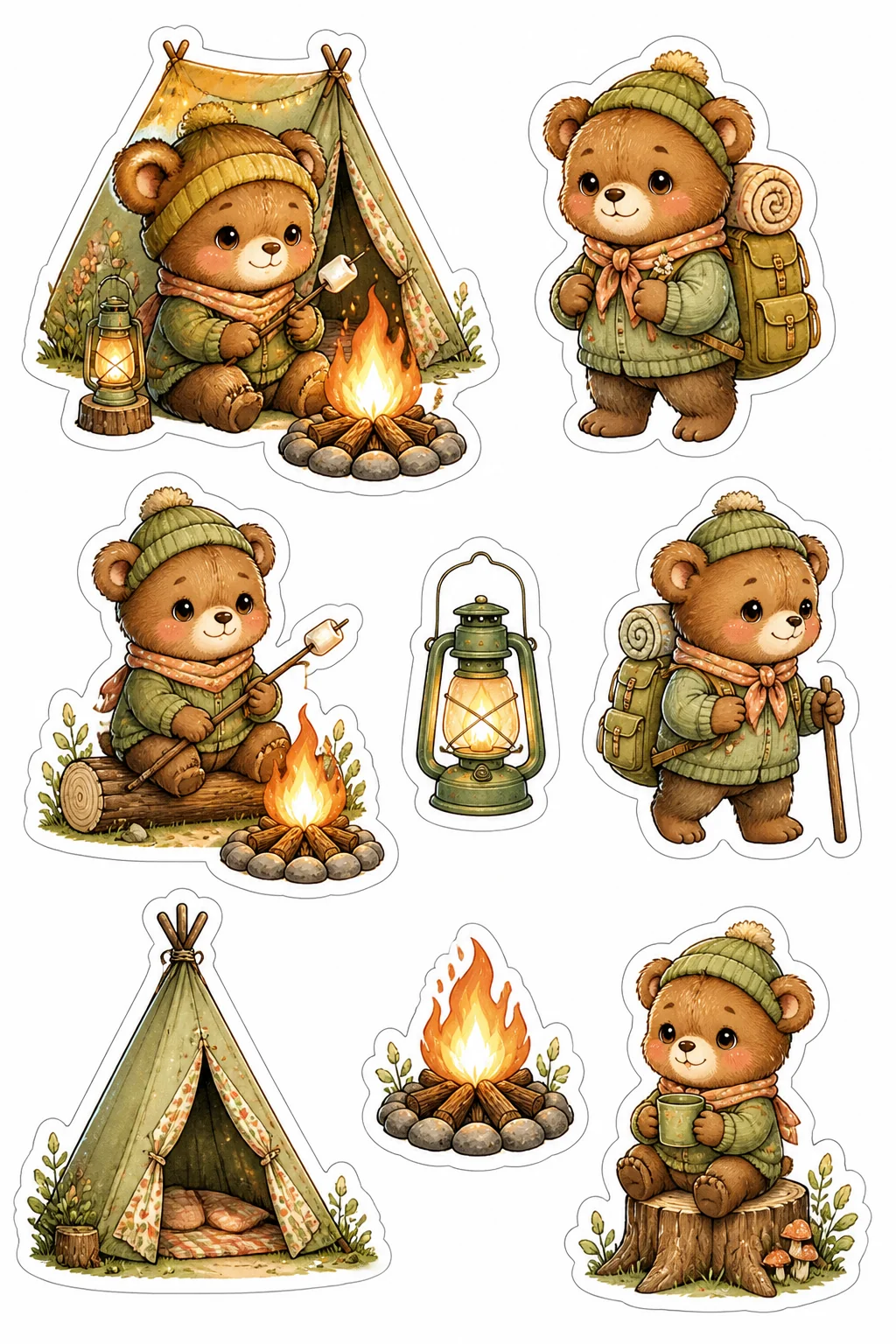 Printable woodland tea party sticker sheet with bear camping cottagecore stickers