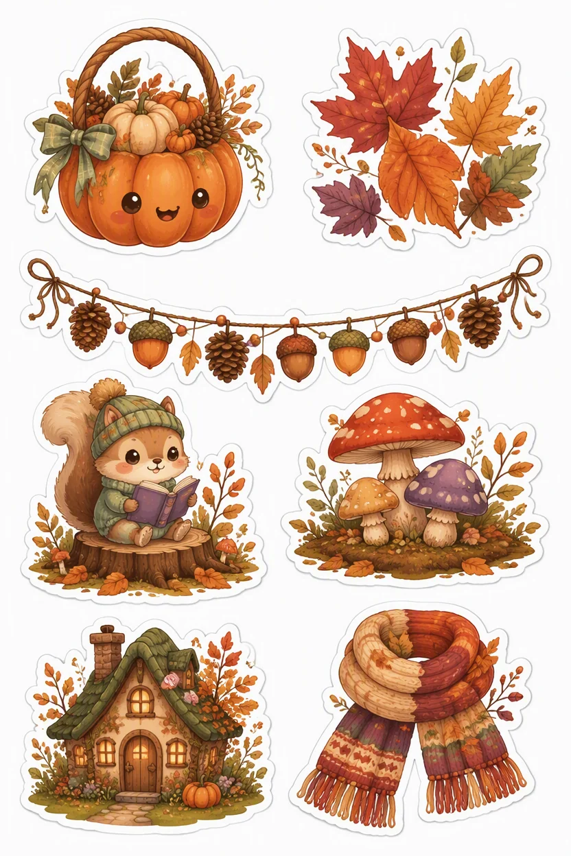 Printable woodland tea party sticker sheet with autumn cottage cottagecore stickers