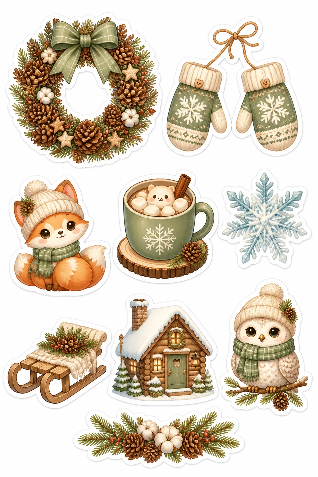 Printable woodland tea party sticker sheet with winter cottage cottagecore stickers