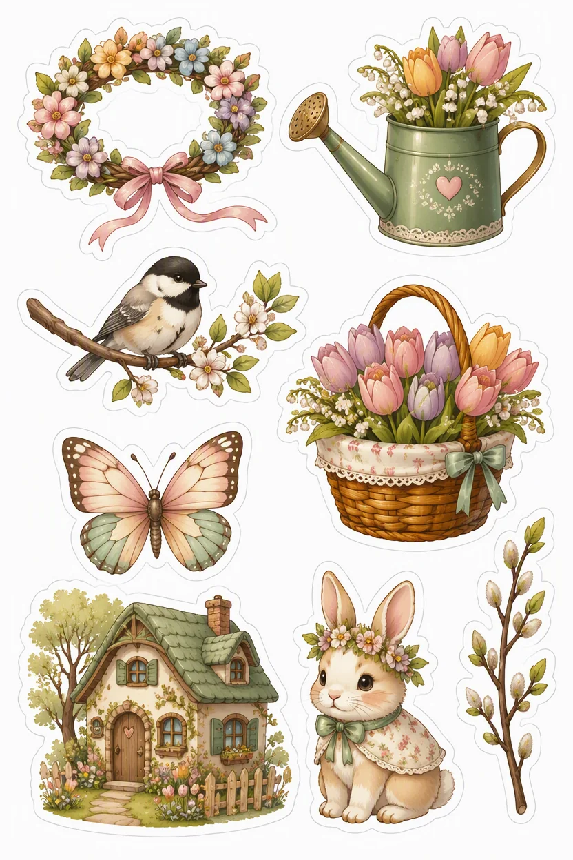 Printable woodland tea party sticker sheet with spring garden cottagecore stickers