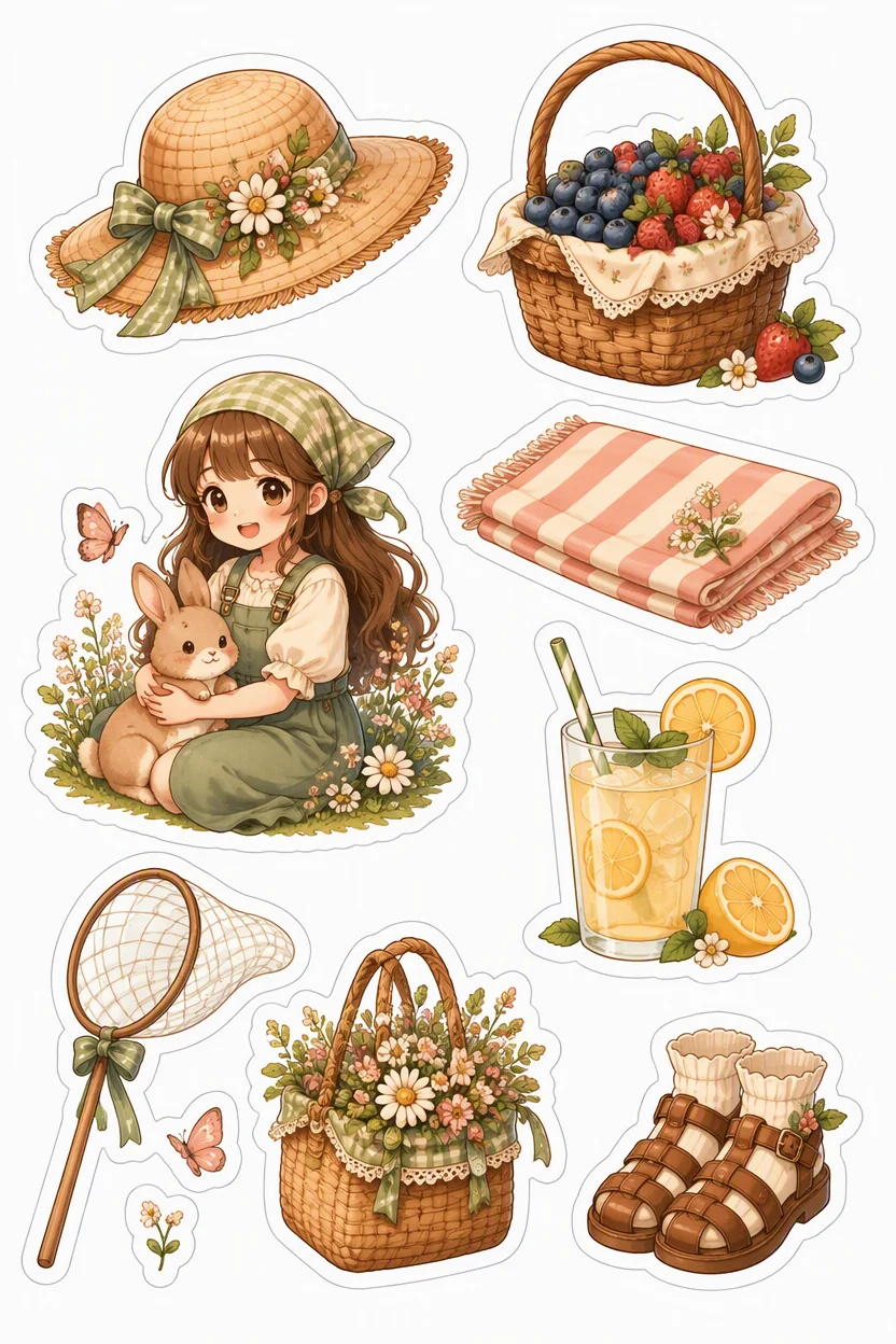 Printable woodland tea party sticker sheet with cottage picnic cottagecore stickers
