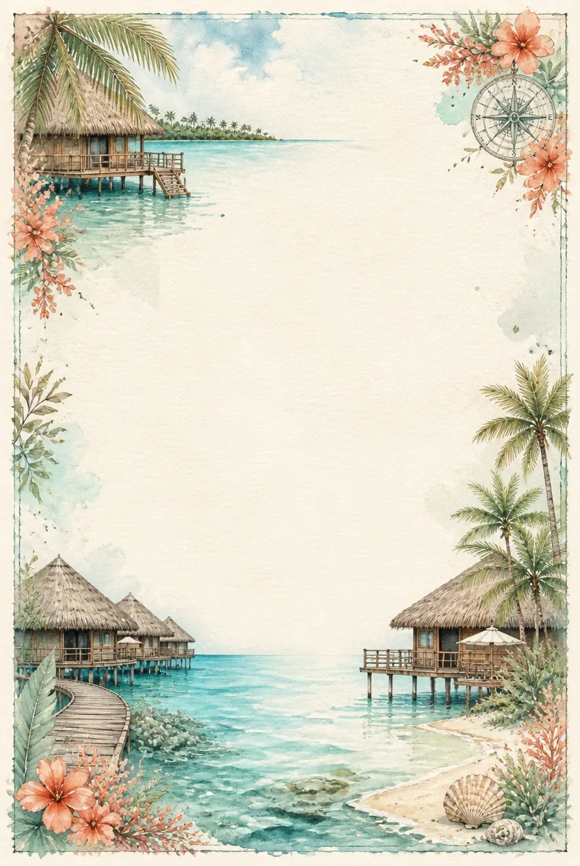 world beach towns stationery border with coastal boardwalk and sandy dune watercolor wash accents.