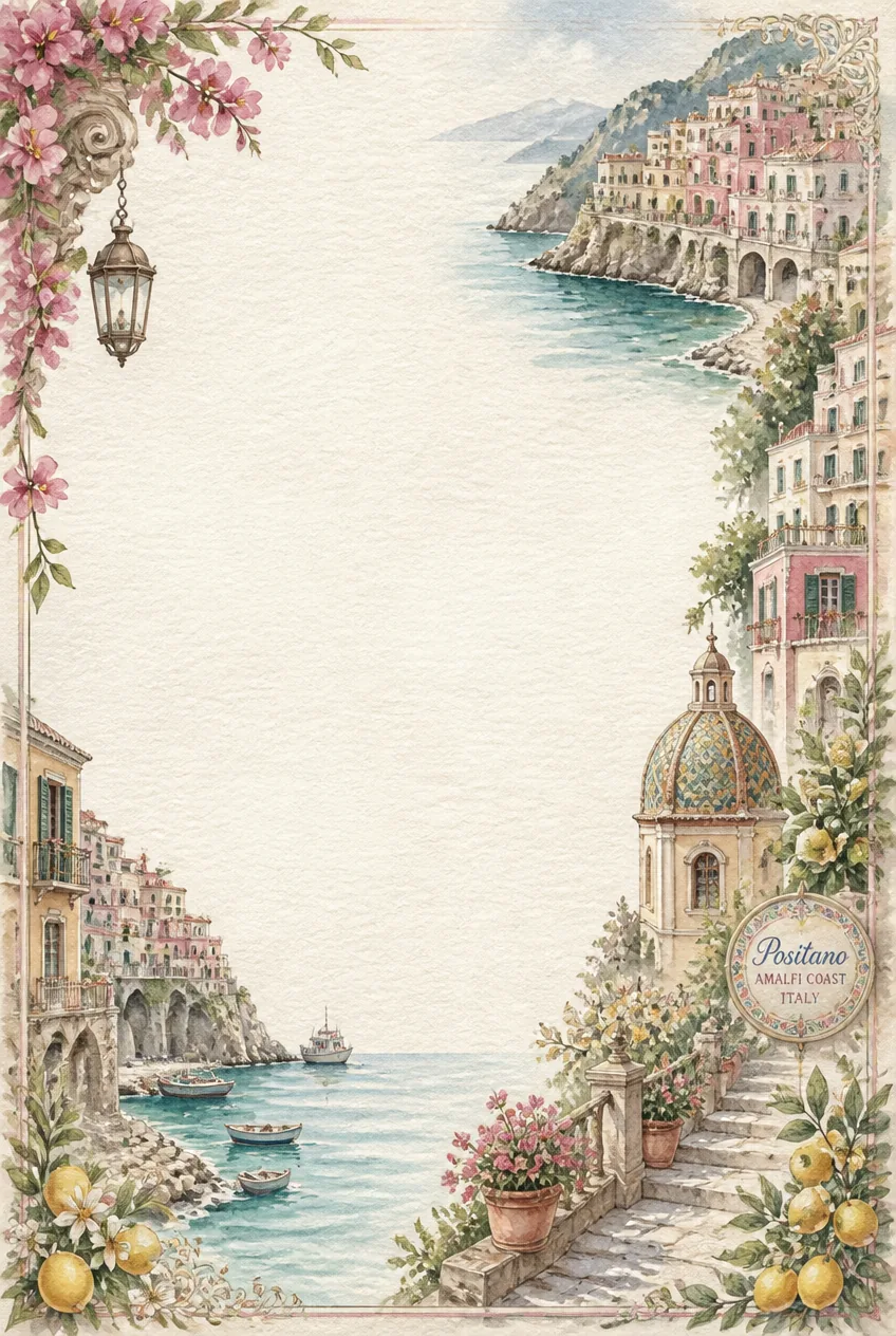 world beach towns stationery border featuring tropical coastal homes and palm tree watercolor wash frame.