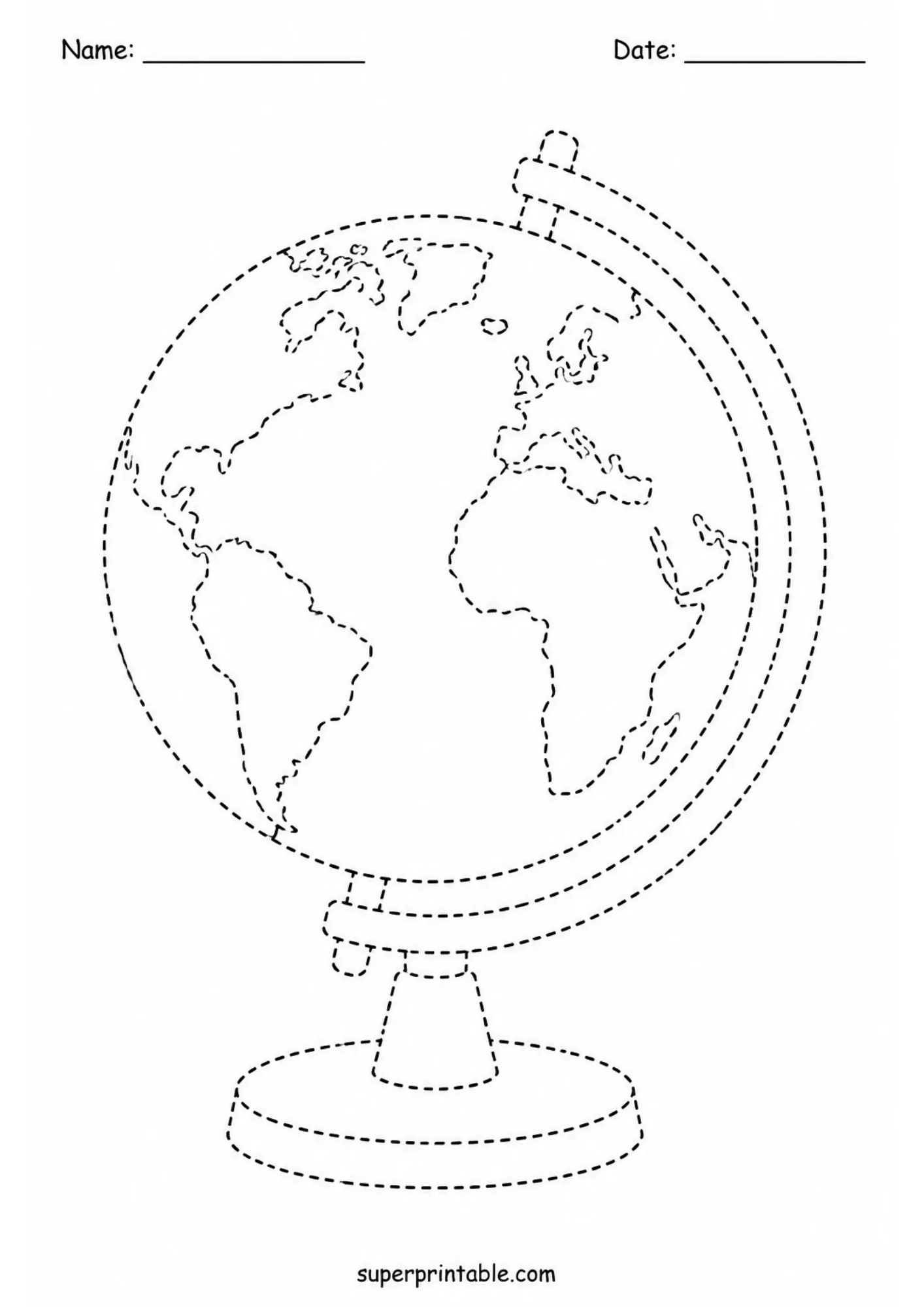 Printable world globe line tracing sheet designed for kindergarten fine motor development.