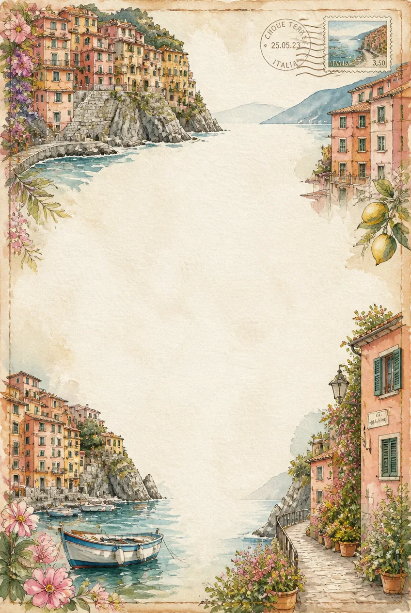 Mediterranean fishing village watercolor border sheet featuring warm terracotta tones.