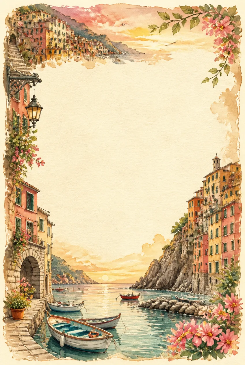 Sunlit seaside pier washed watercolor page border with warm sunset orange tones.