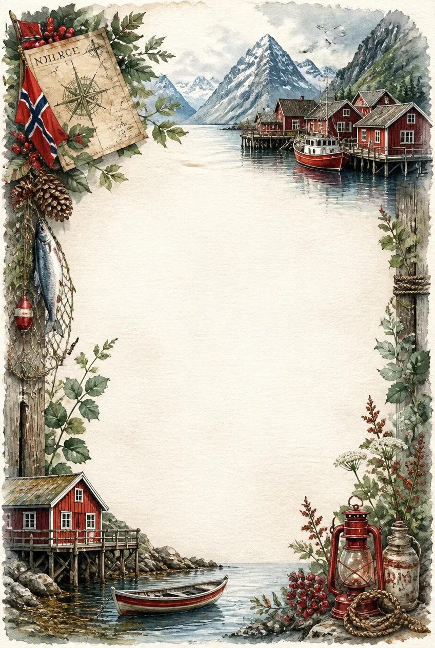 Nordic harbor village stationery border page with deep slate and crimson watercolor washes.