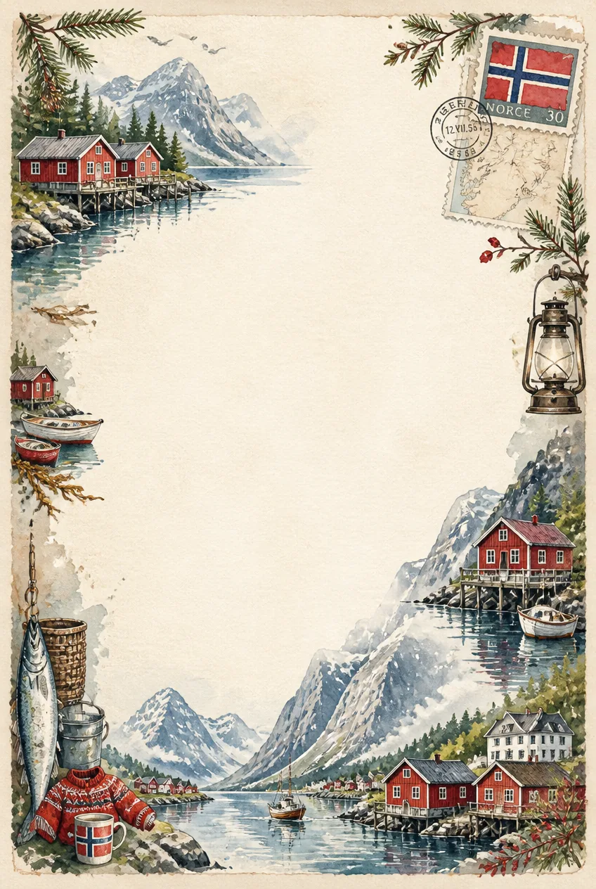 Misty maritime port decorative page border with soft blue-grey watercolor wash.