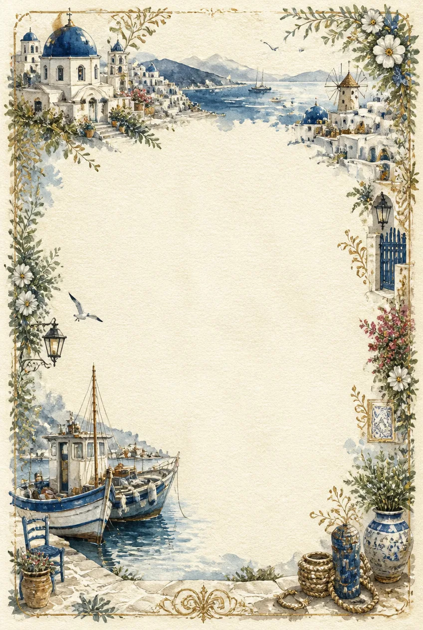Historic wooden dock stationery page border with olive green and beige watercolor.