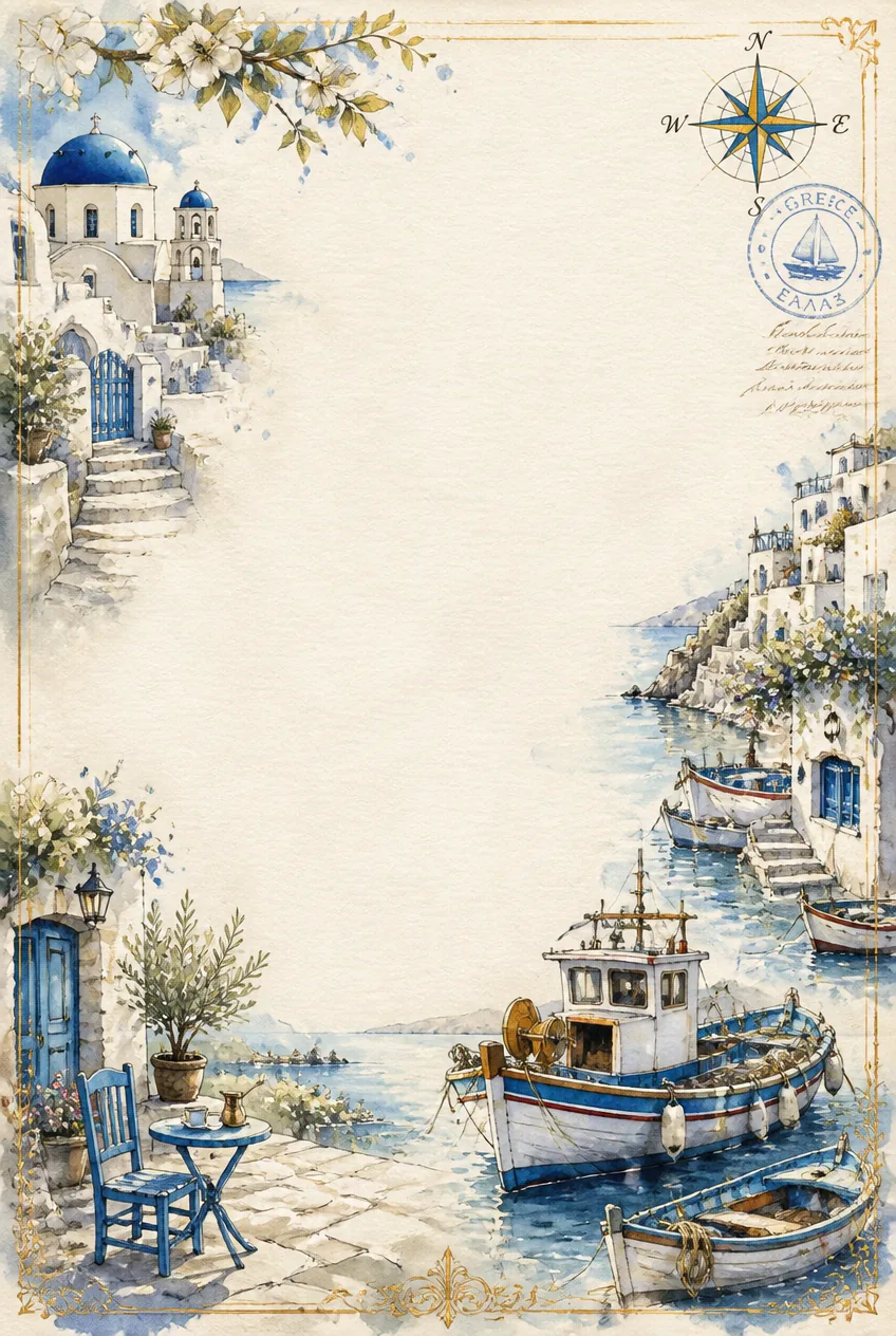 Old world fishing port decorative border sheet in amber and muted moss green.