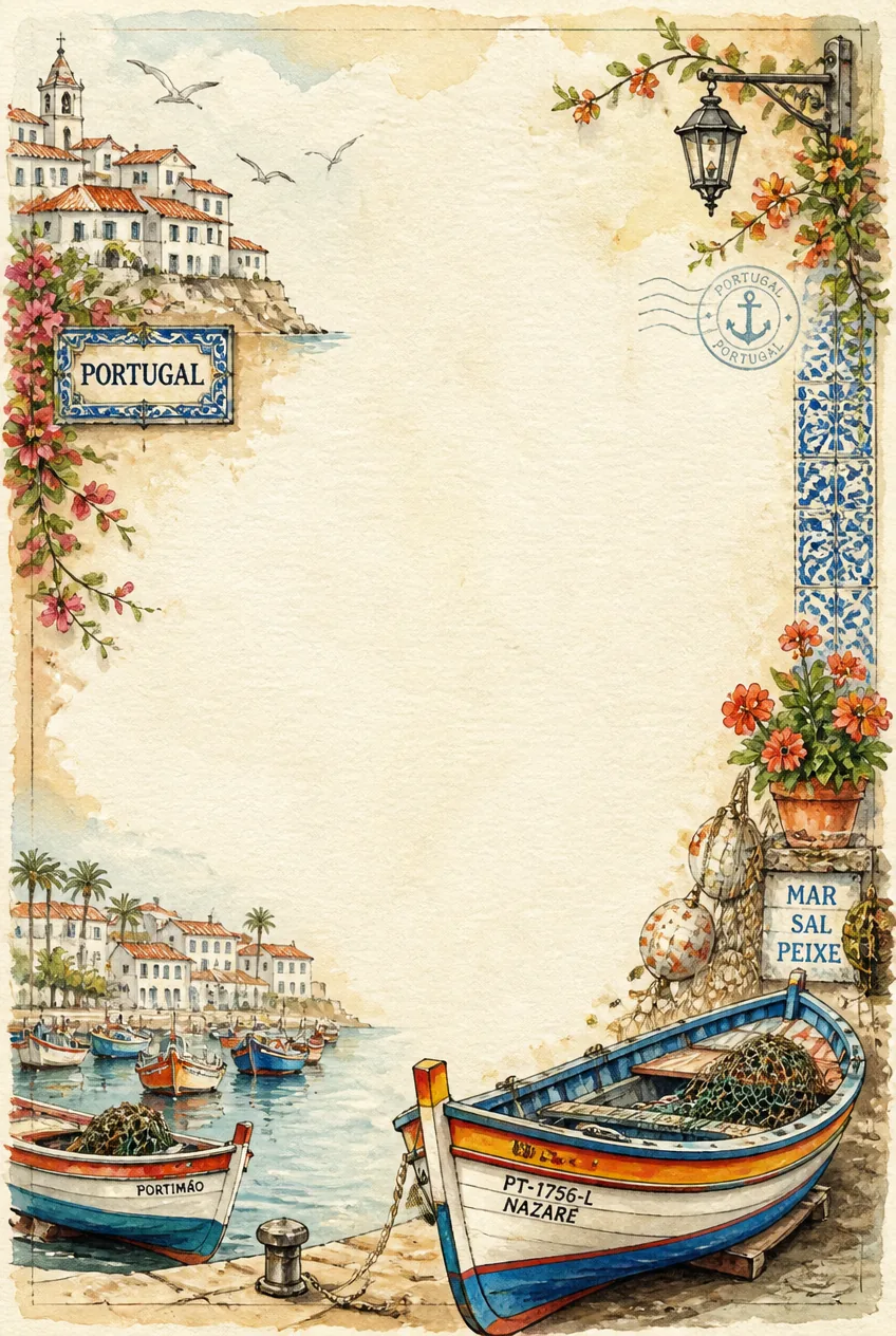 world harbors border pages printable stationery sheet with amber sunset watercolor frame.