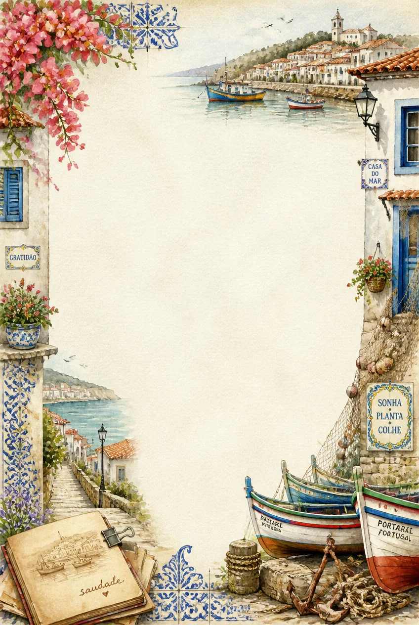 Coastal cliff village stationery page border with moss green and sand watercolor.