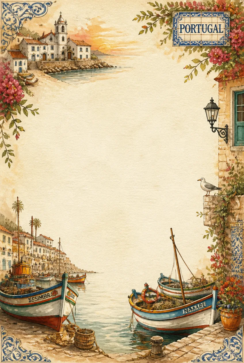 Golden hour fishing cove watercolor page border with peach and ochre tones.