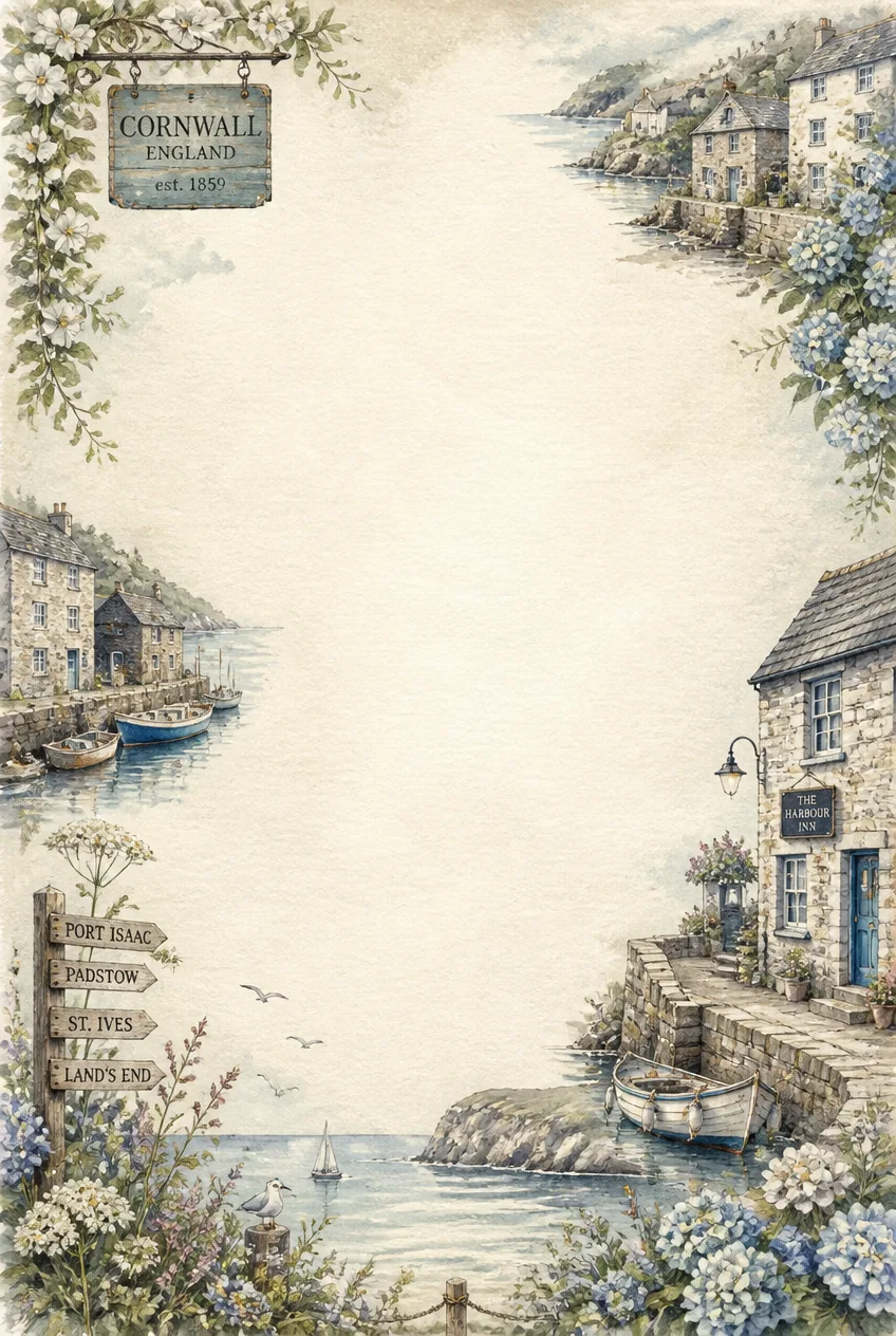 Seaside village promenade decorative paper border with soft beige watercolor wash.