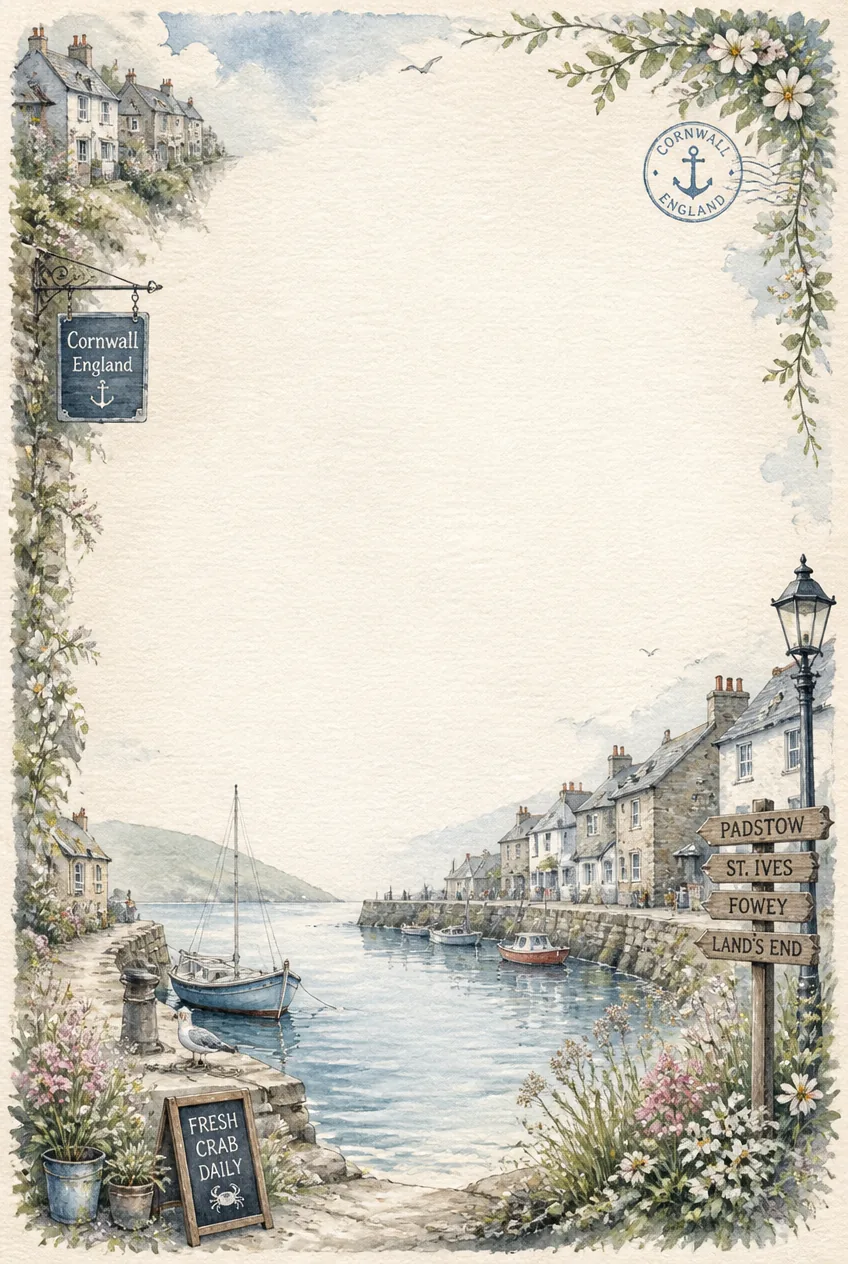 Serene harbor lagoon stationery sheet with muted taupe and grey watercolor border.