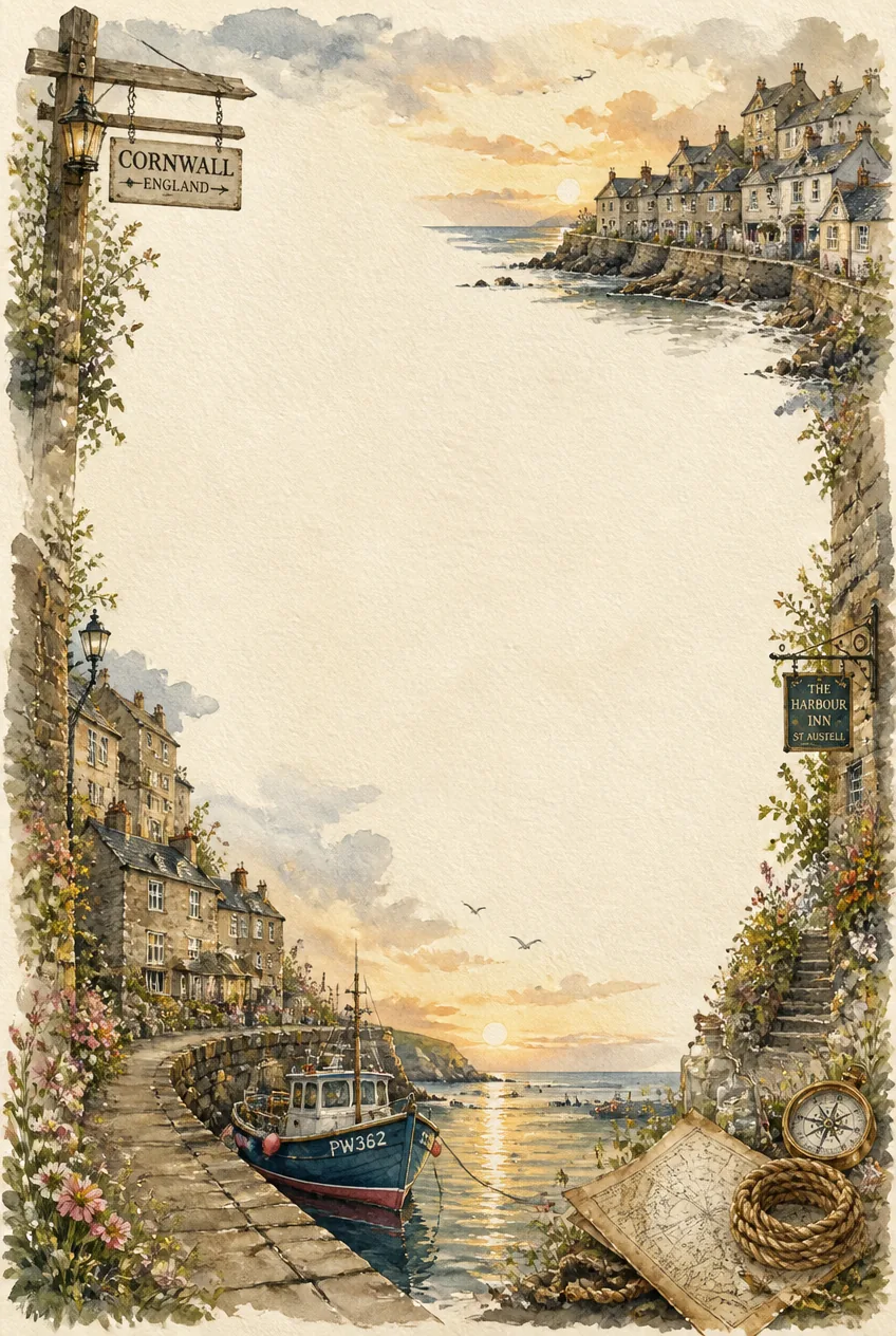 Rustic fisherman wharves page border with rich tan and timber brown watercolor.