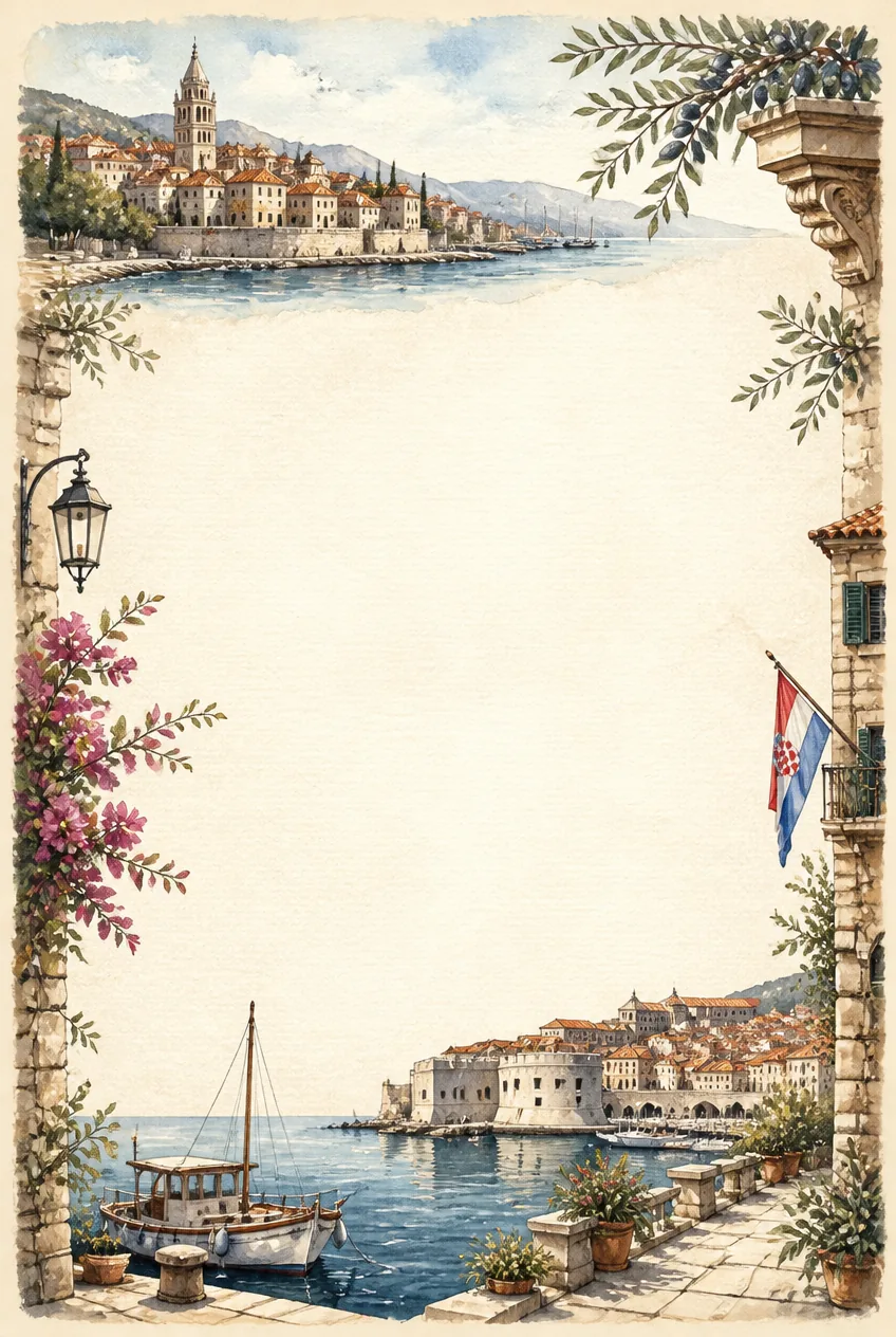 Island fishing pier washed watercolor stationery border in azure and sand tones.