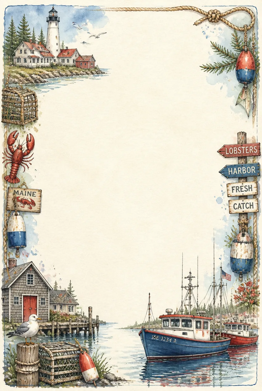 Vintage coastal port printable stationery page with subtle sepia watercolor border.