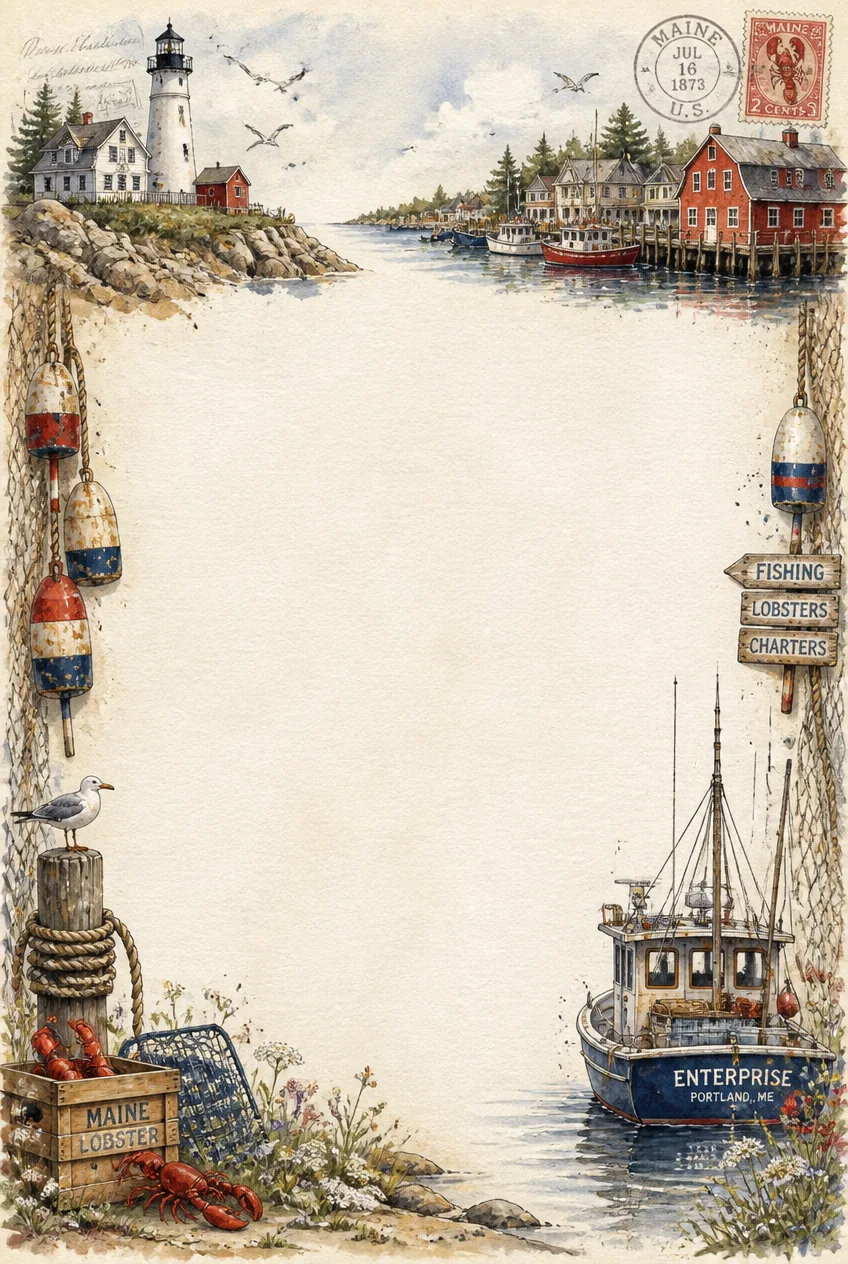 world harbors border pages decorative sheet with navy blue and charcoal watercolor.