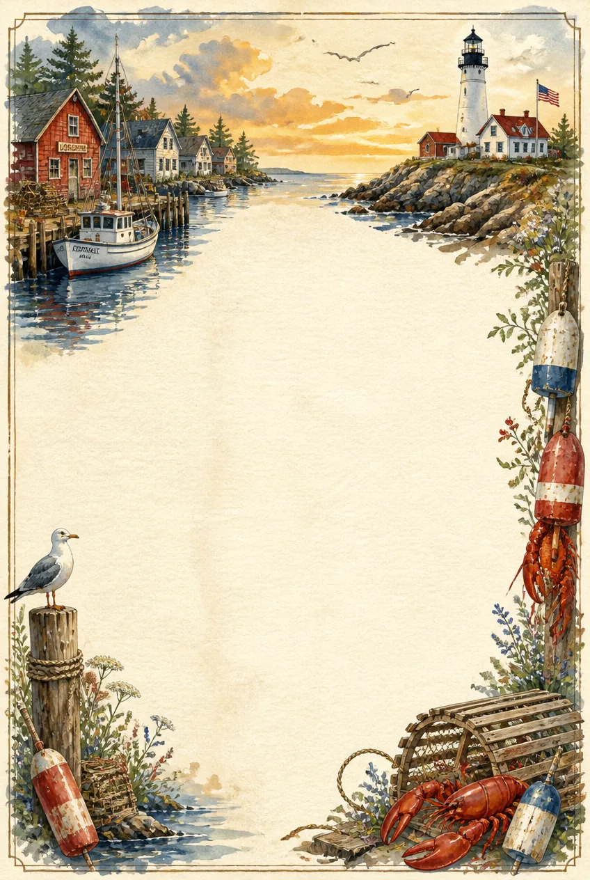Sun-kissed fishing village watercolor page border with golden yellow accents.
