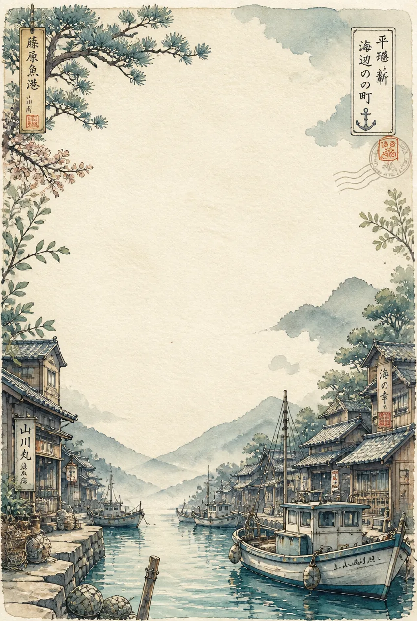 Tranquil maritime village decorative page border with mint and sage green washes.