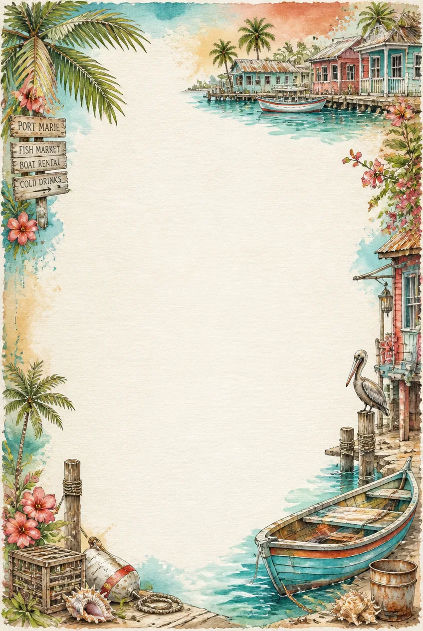 Faded sea breeze harbor stationery border sheet in soft olive green and peach.