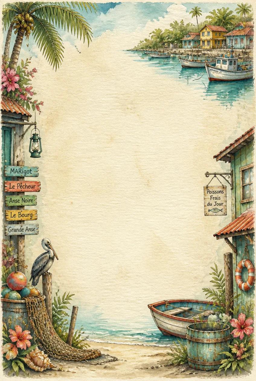 Coastal estuary village washed watercolor page border in ochre and olive green.