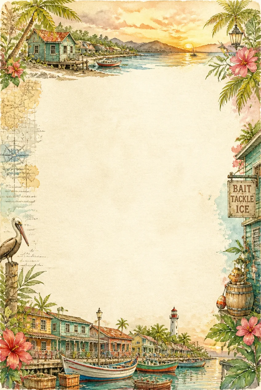 Bright sunrise harbor decorative border page featuring cheerful yellow washes.