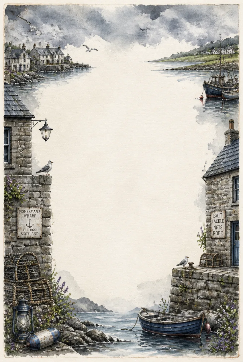 Stormy sea port stationery page border featuring cool slate grey watercolor.