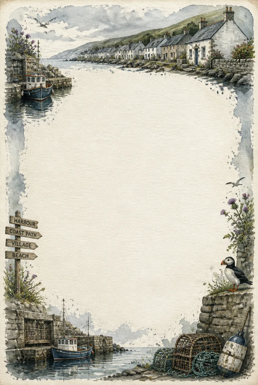 Foggy maritime harbor washed watercolor border sheet with pewter grey accents.