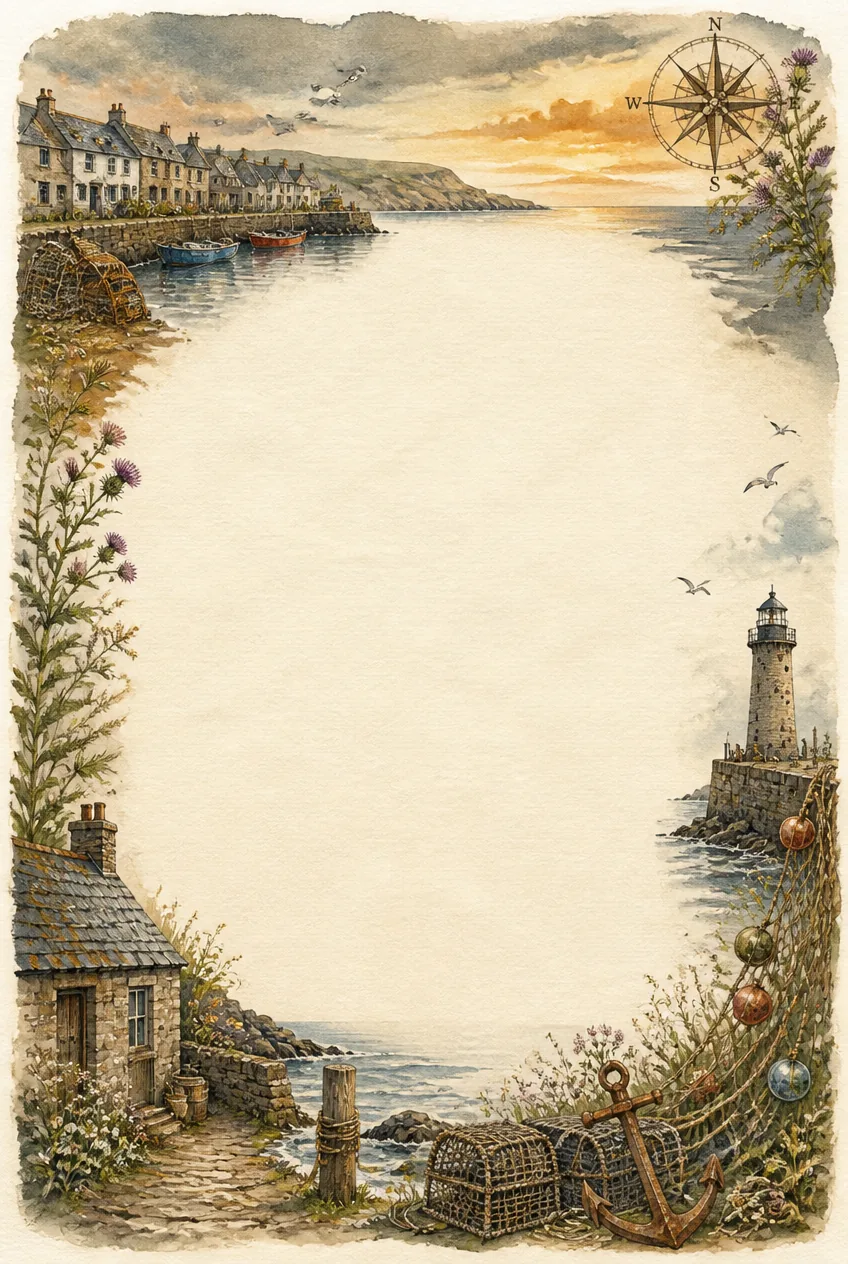 Historic fisherman dock decorative paper border with bronze and moss green washes.