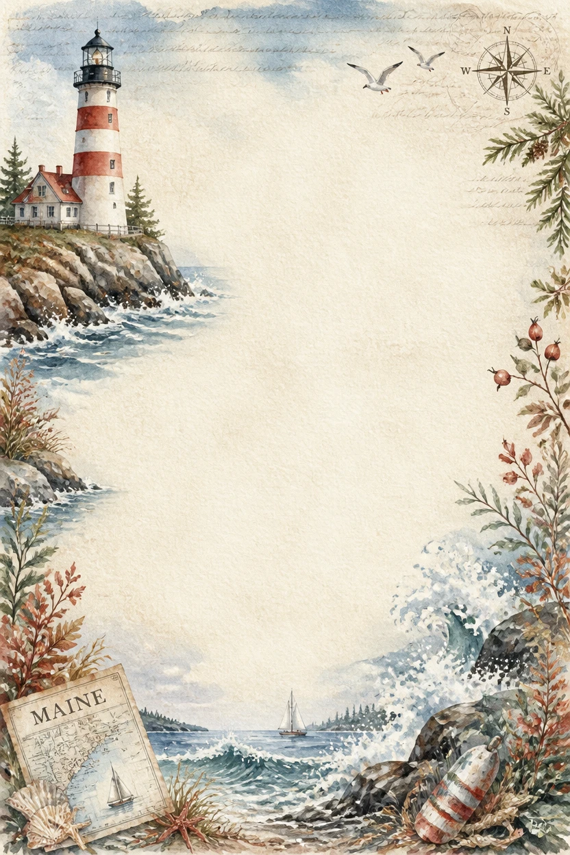 Maine Coastal Lighthouse and Sailboat Border Page 02