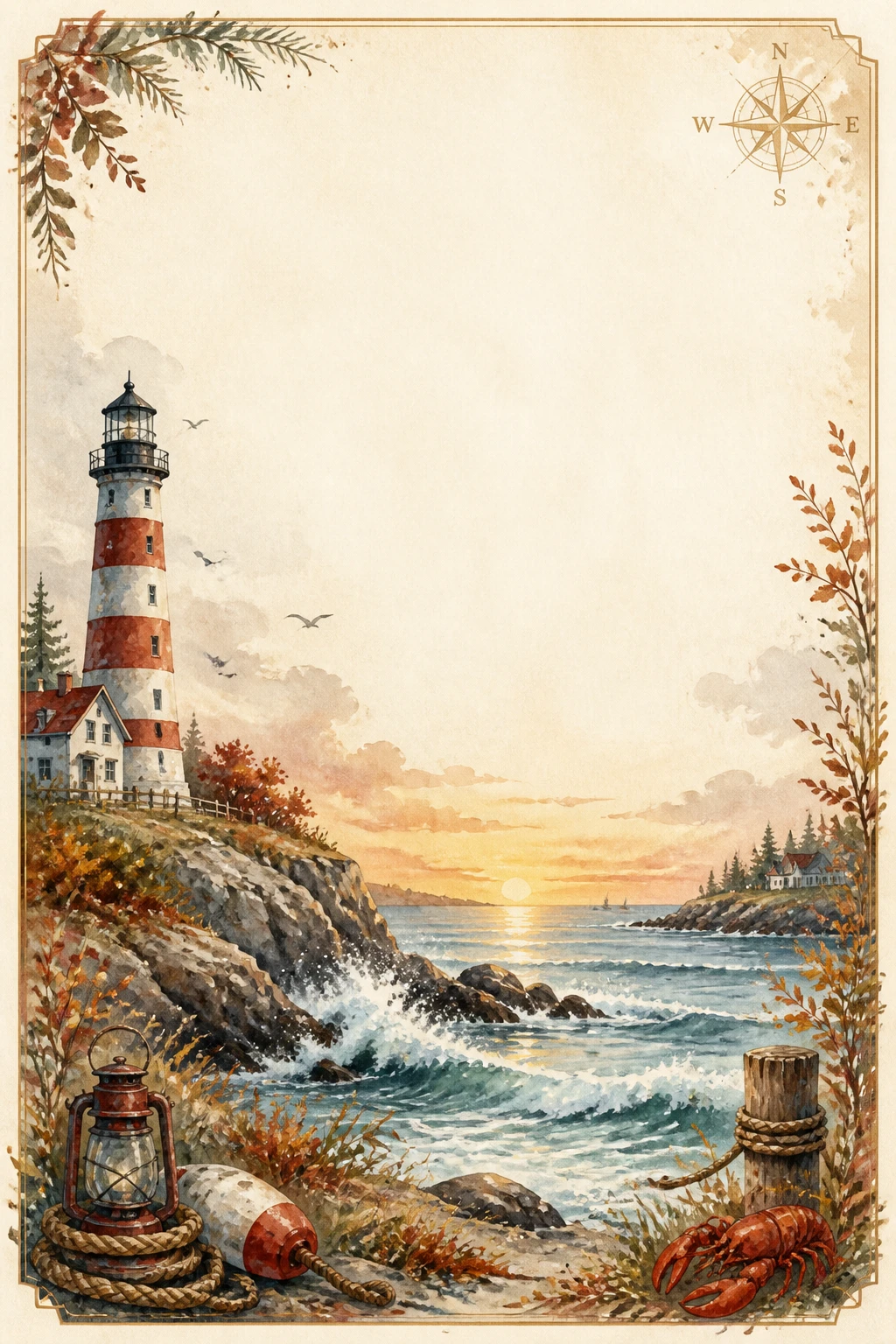 Maine Lighthouse Sunset and Rocky Shore Border Page 03