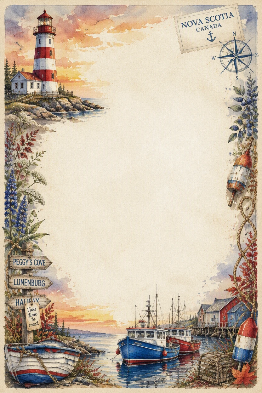 Nova Scotia Lighthouse Harbor and Boats Border Page 12