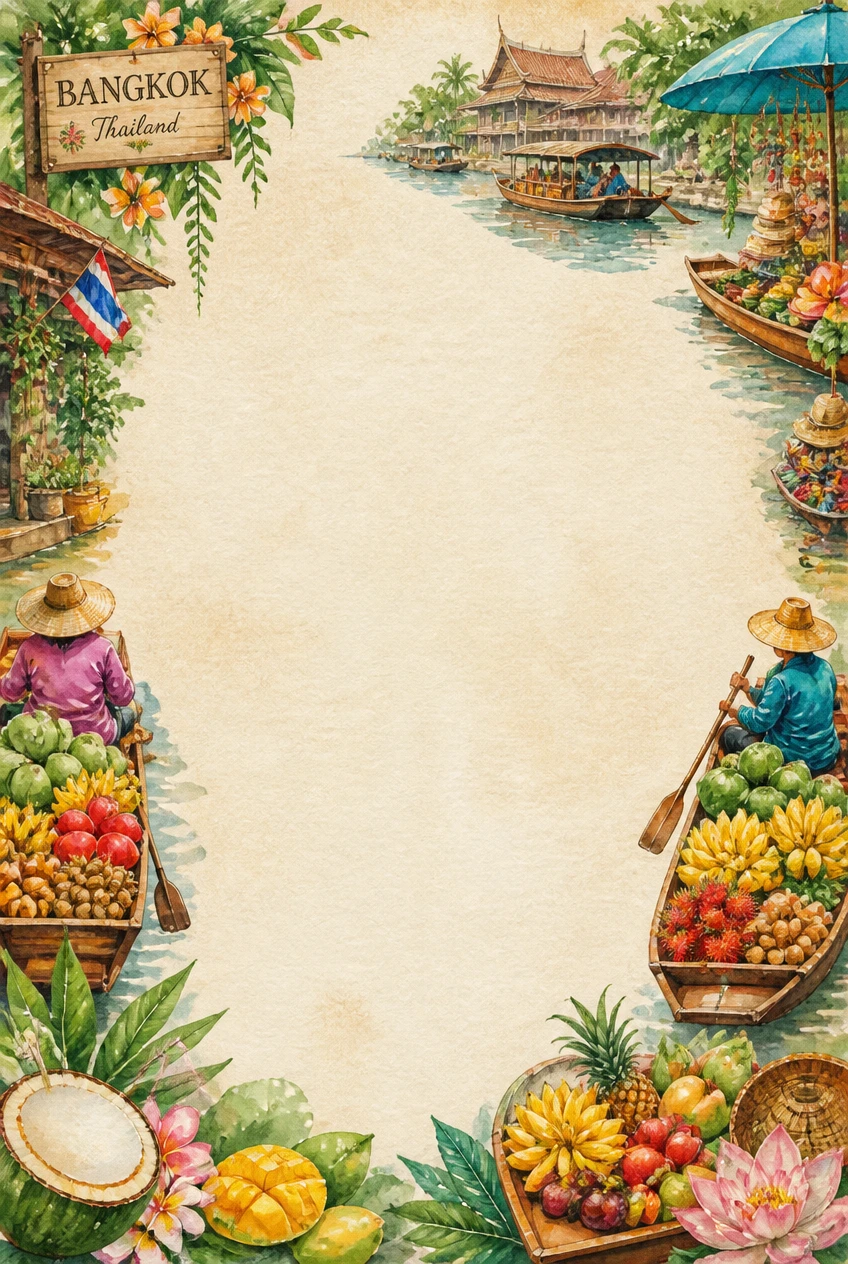Bangkok Floating Market and Thai Fruit Boats Border Page 04