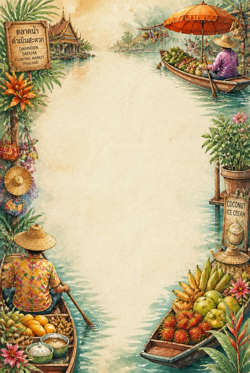 Thai Tropical Fruit Boat Market Border Page 05