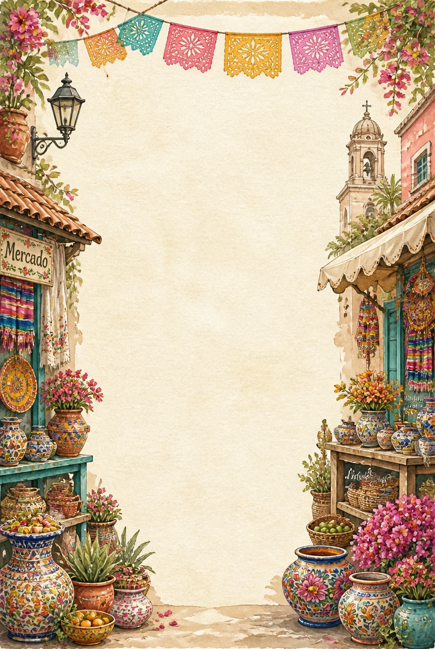 Mexican Mercado and Talavera Pottery Market Border Page 08