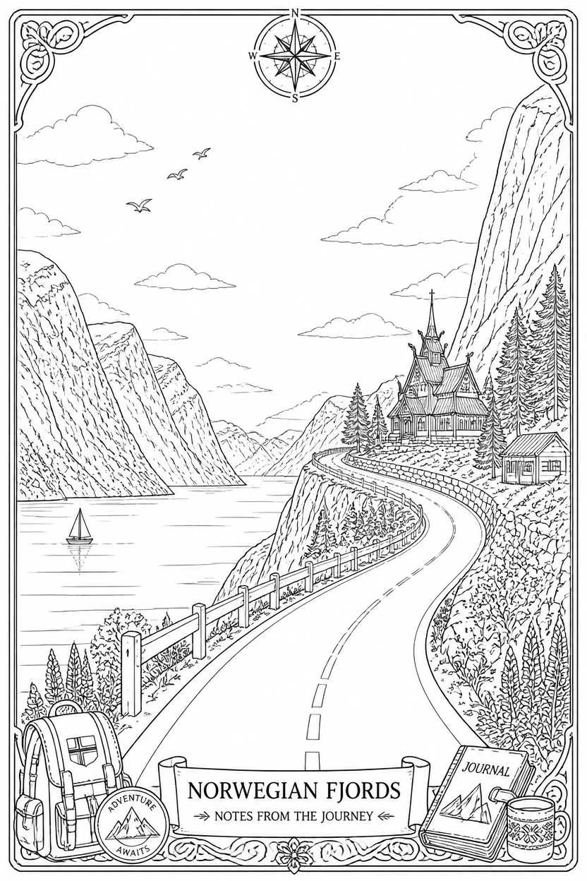 Norwegian Fjords Notes From The Journey Coloring Page