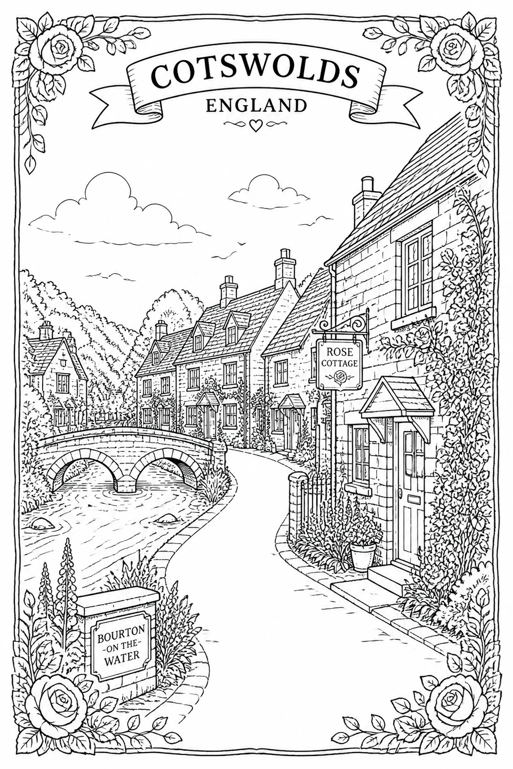 Cotswolds England Village Street Coloring Page