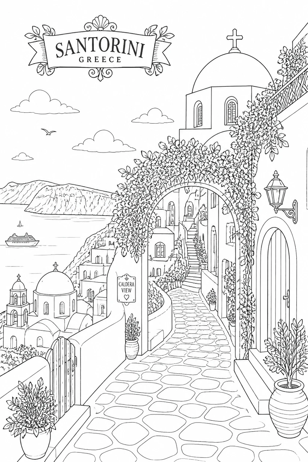Santorini Greece Village Pathway Coloring Page