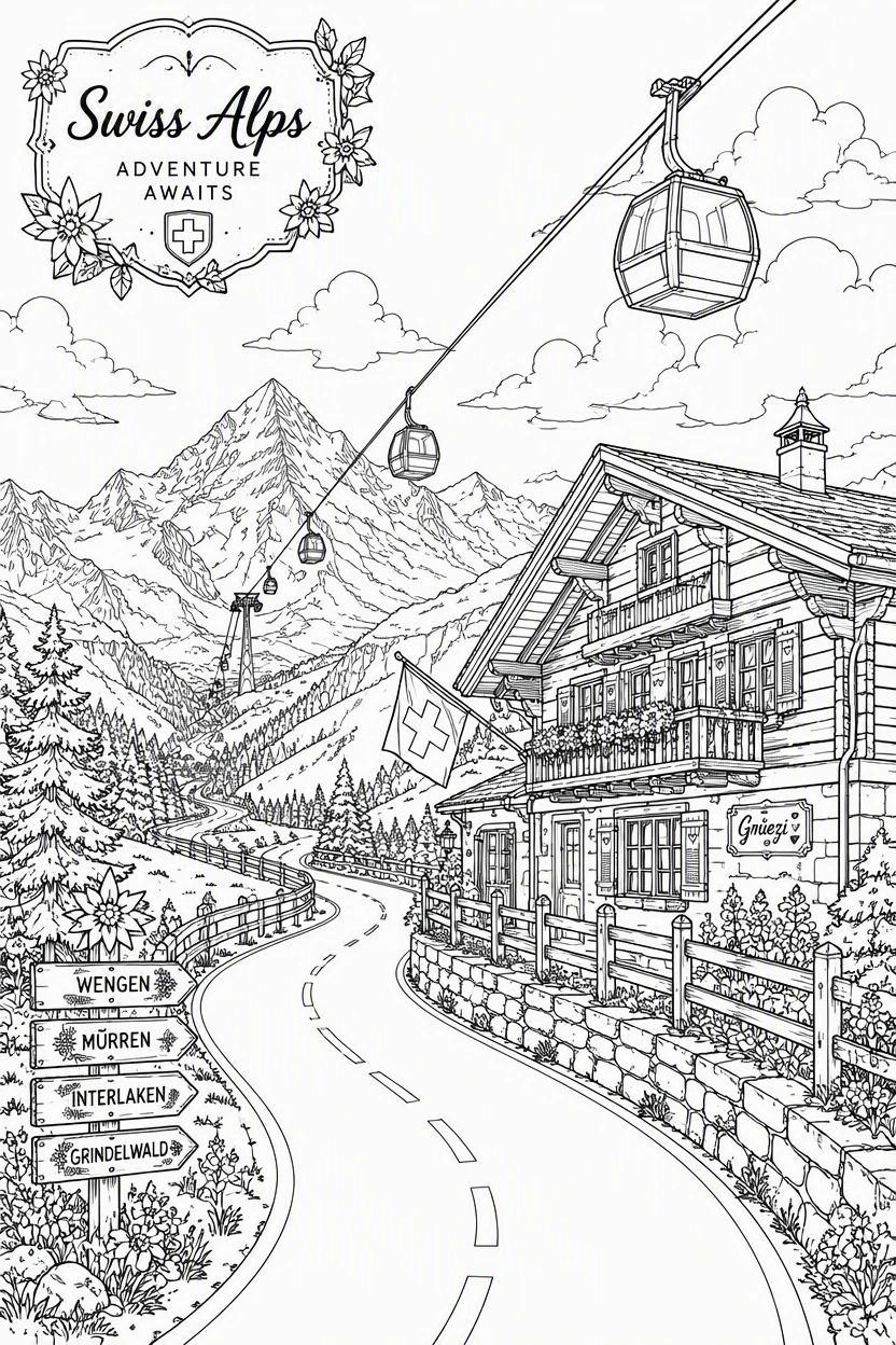 Swiss Alps Cable Car & Chalet Road Coloring Page
