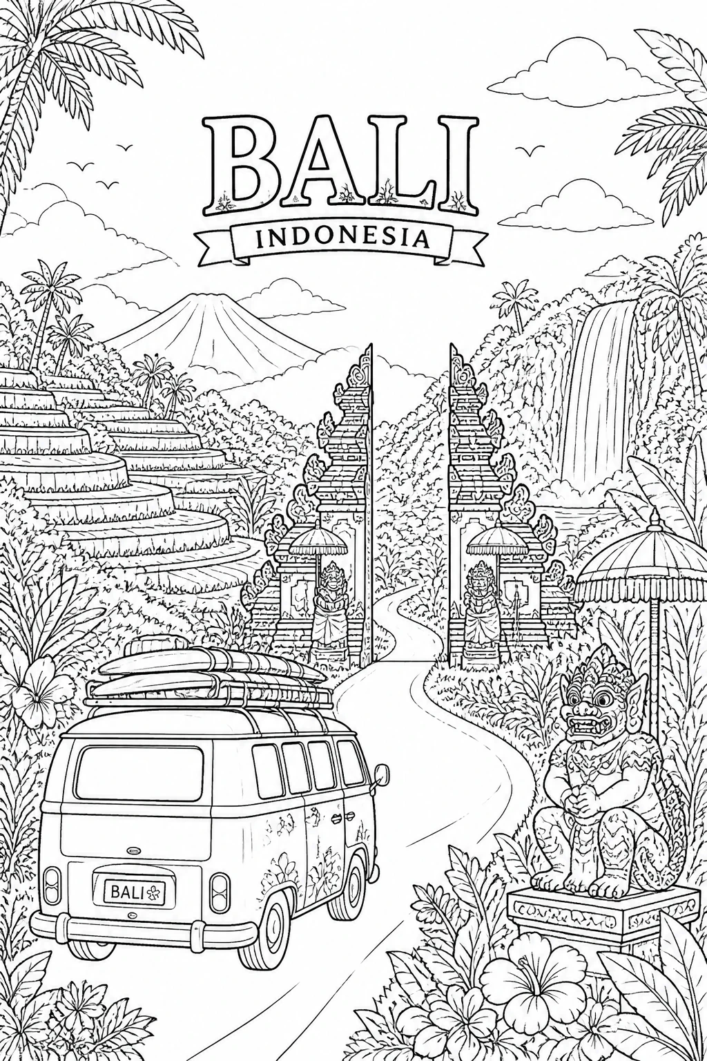 Bali Indonesia Jungle Temple Road Coloring Page