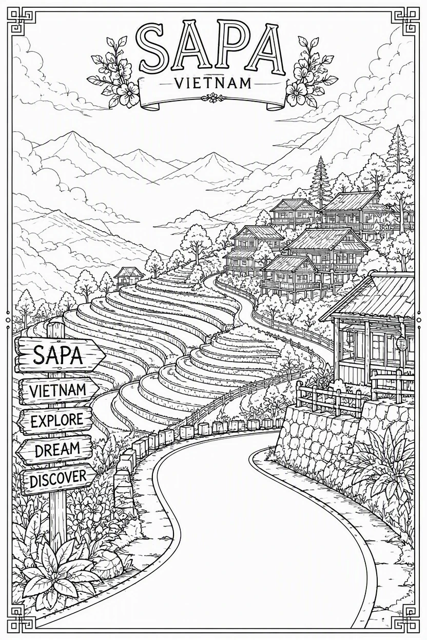 Sapa Vietnam Terraced Rice Field Road Coloring Page