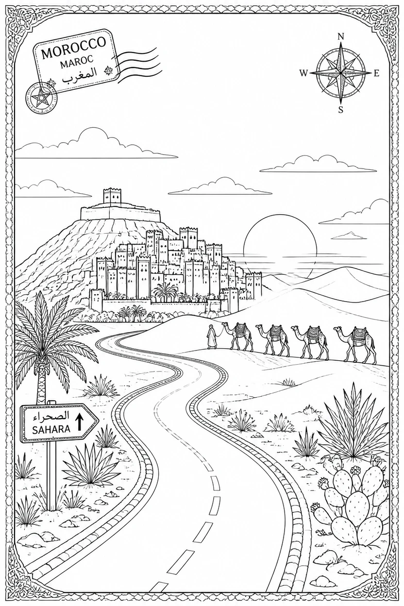 Morocco Sahara Desert Caravan Road Coloring Page